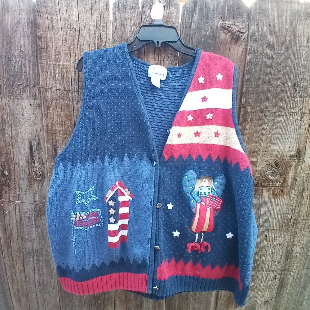 Quacker Factory American Patriotic Angel Vest Size 2X Red And Blue US Flag Y2k